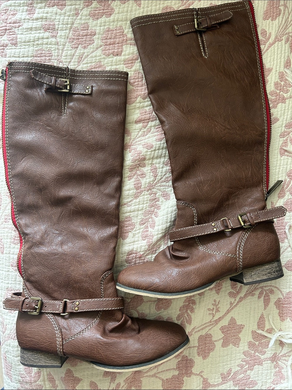 Breckelles Women's Brown Over-the-Knee Boots with Red Zipper Trim